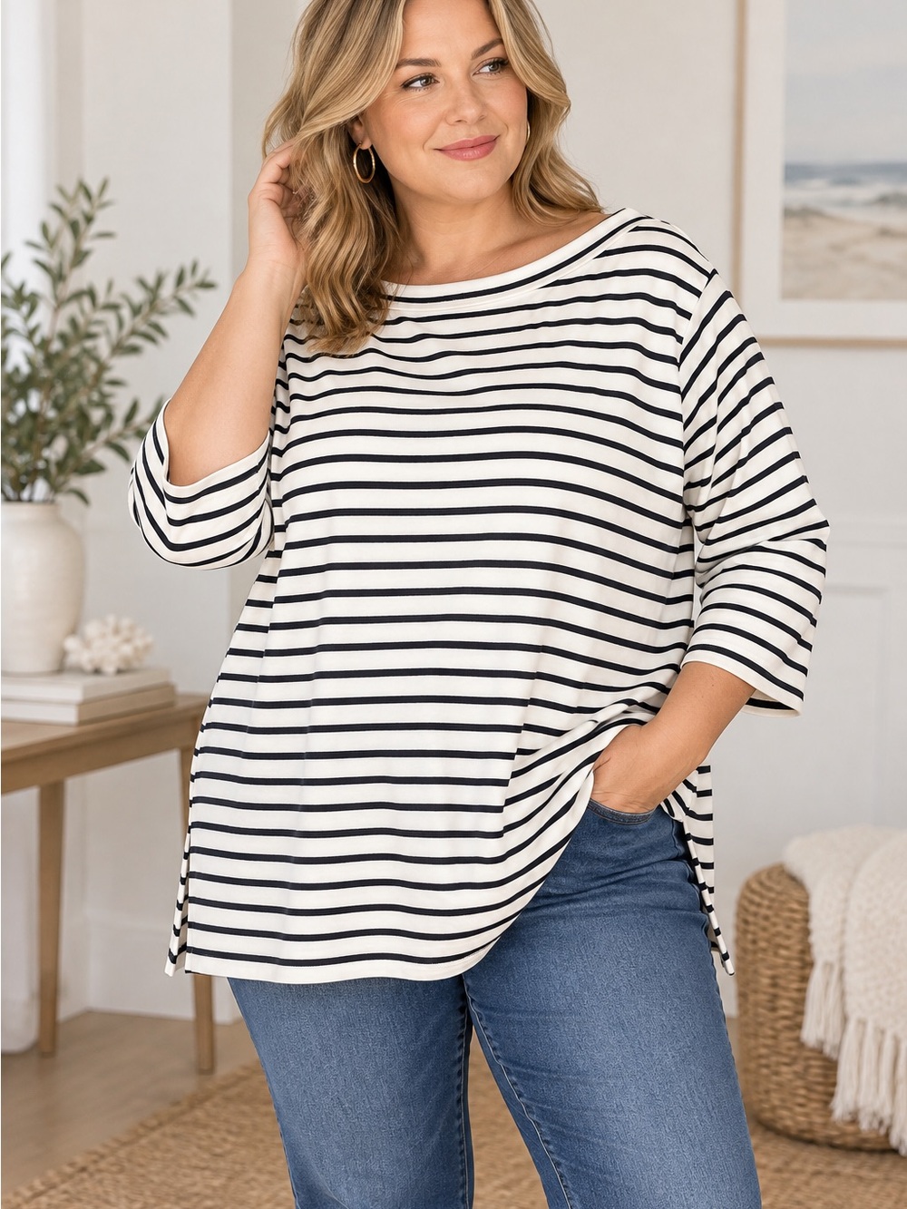 Lands’ End 3X Tunic Top Ivory Black Stripe Cotton Coastal Preppy Classic NWT